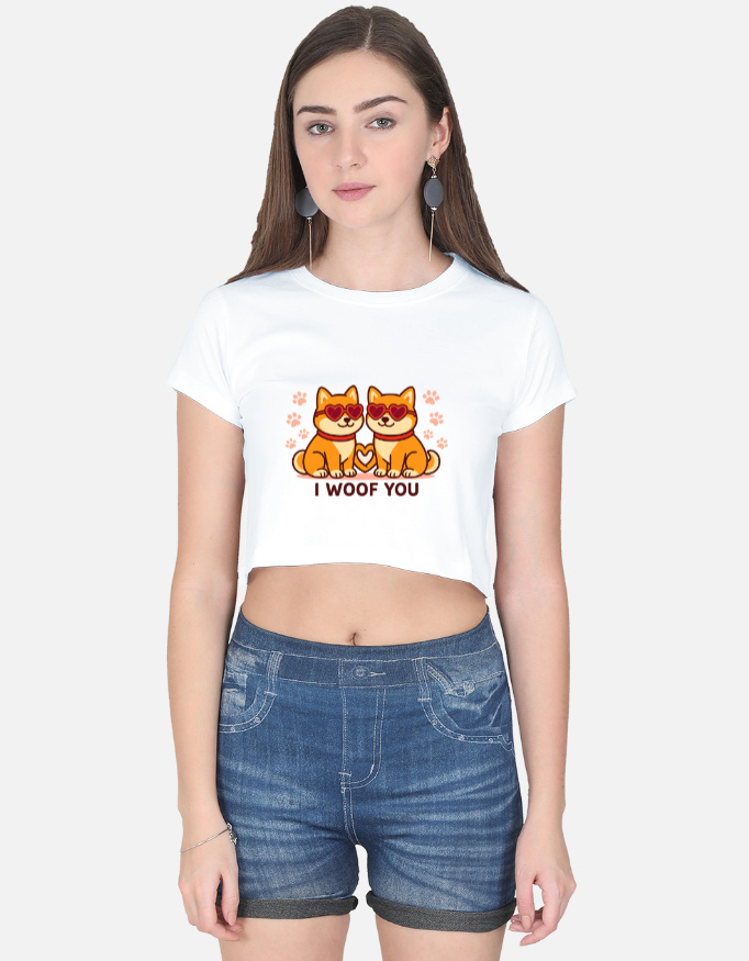 Girls’ Cotton Crop Top – “I Woof You” | Cute Pet Lover T-Shirt | 100% Cotton | Soft Cropped Fit for Dog Moms & Animal Lovers