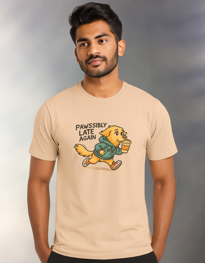 Men’s Cotton Pet Lover T-Shirt – “PAWSSIBLY LATE AGAIN” | Funny Dog & Cat Dad Tee | 100% Cotton | Casual Regular Fit