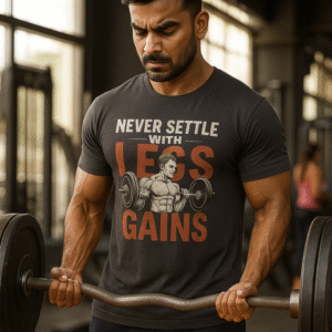 Men's Cotton Gym T-Shirt – Never Settle With Less Gains | 100% Cotton | Unisex Regular Fit | Workout & Fitness Wear