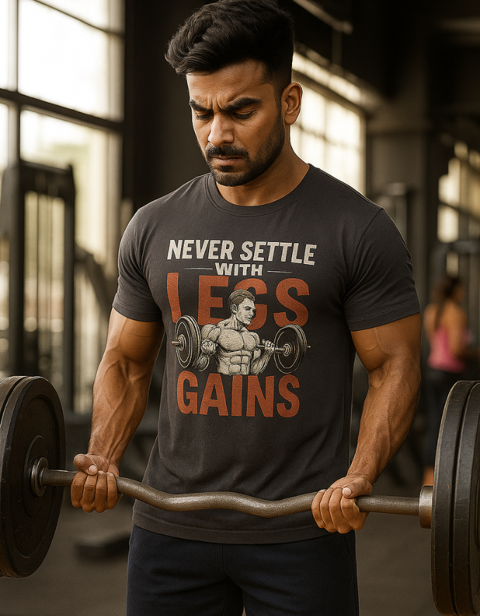 Men's Cotton Gym T-Shirt – Never Settle With Less Gains | 100% Cotton | Unisex Regular Fit | Workout & Fitness Wear